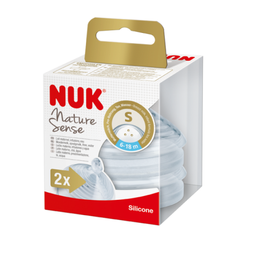 NUK Nature Sense Анатомска, антиколик цуцла за шише 2/пакување (0+/6+мес) "S" отвор