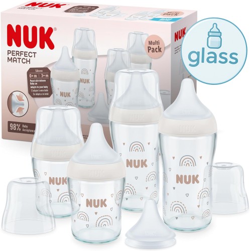 NUK Perfect Match Start Set Шишенца СТАКЛО за бебиња "Rainbow" 0+м