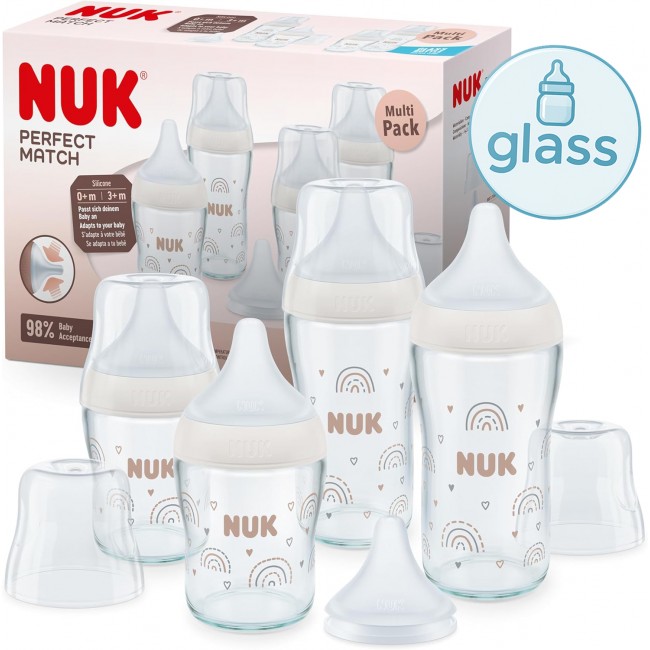 NUK Perfect Match Start Set Шишенца СТАКЛО за бебиња "Rainbow" 0+м