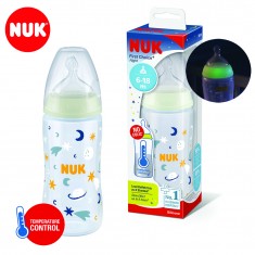 NUK First Choice+ шише ПП 300мл силикон цуцла (0-6мес.) "Night Fluo" - Temperature Control