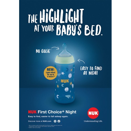 NUK First Choice+ шише ПП 300мл силикон цуцла Flow Control(6-18мес.) "Night Fluo" - Temperature Control