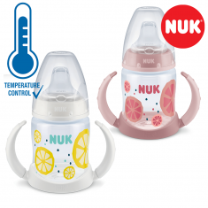 NUK First Choice+ шише ПП150мл со рачки и силикон клунче "FRUITS "(6+мес.)  - Temp.Control