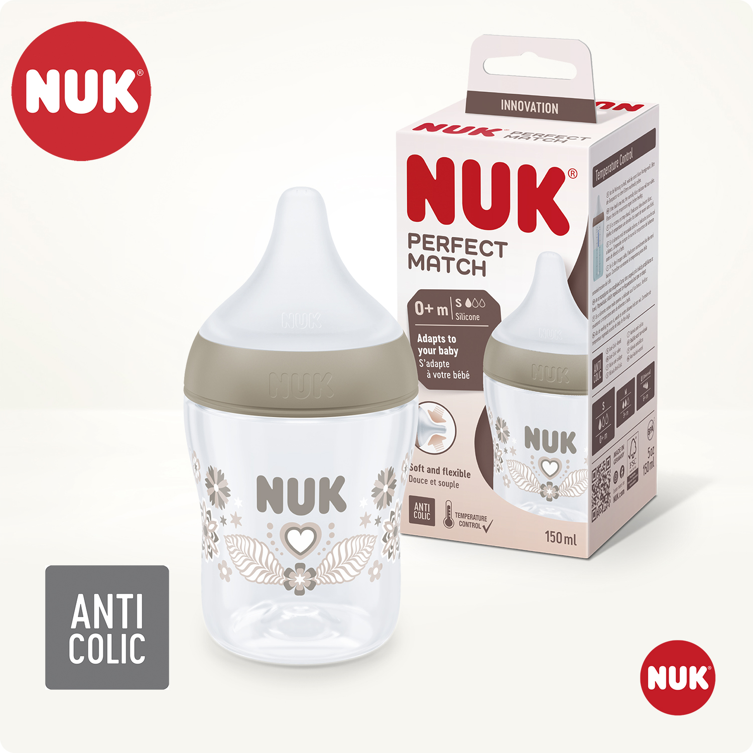 NUK Perfect Match flessenset, 3 maanden, past zich aan het gehemelte van de baby aan, temperatuurcontrole, anti-koliek ventilatie, 260 ml, BPA-vrij, middelgrote siliconen zuiger, regenboog en strik